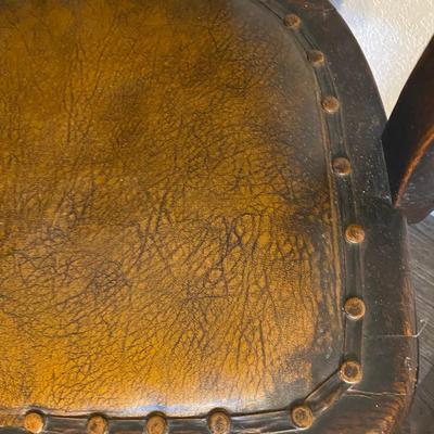 Neat Old Antique Leather Seated Captains Chair and fabric covered Ottoman
