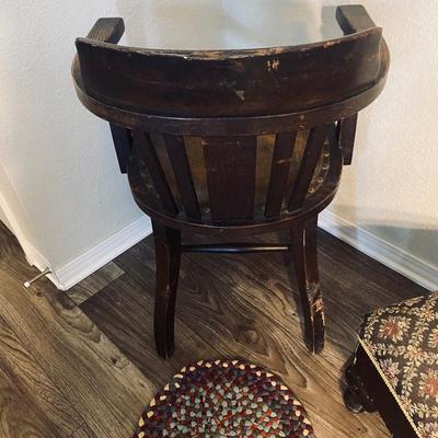 Neat Old Antique Leather Seated Captains Chair and fabric covered Ottoman