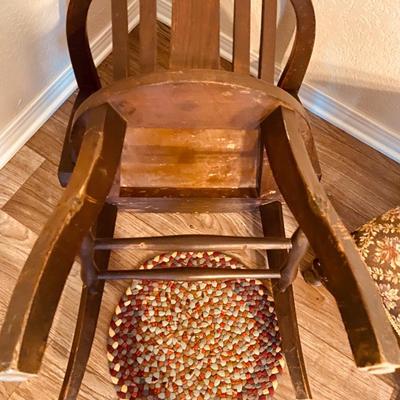 Neat Old Antique Leather Seated Captains Chair and fabric covered Ottoman