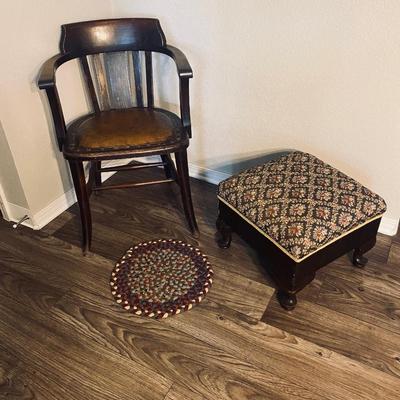 Neat Old Antique Leather Seated Captains Chair and fabric covered Ottoman