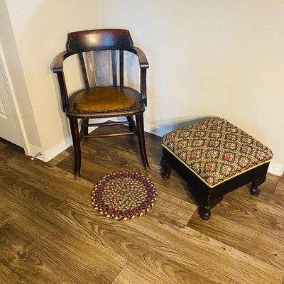 Neat Old Antique Leather Seated Captains Chair and fabric covered Ottoman