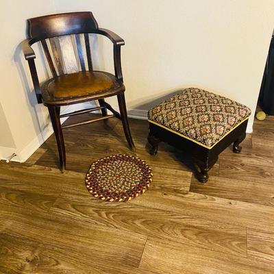 Neat Old Antique Leather Seated Captains Chair and fabric covered Ottoman