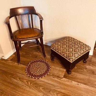 Neat Old Antique Leather Seated Captains Chair and fabric covered Ottoman