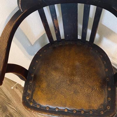 Neat Old Antique Leather Seated Captains Chair and fabric covered Ottoman