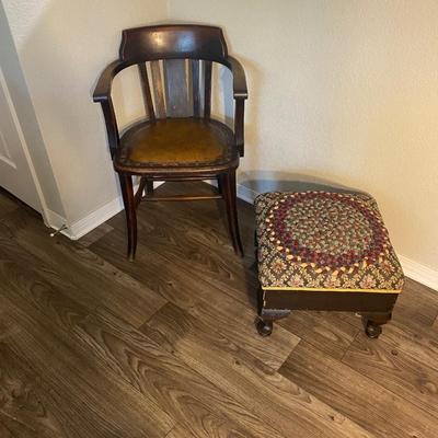 Neat Old Antique Leather Seated Captains Chair and fabric covered Ottoman