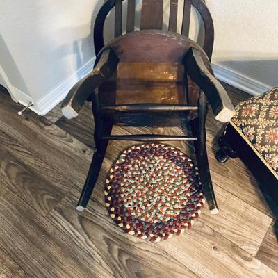 Neat Old Antique Leather Seated Captains Chair and fabric covered Ottoman