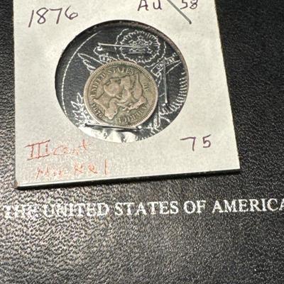 1876 III CENT NICKEL AU58