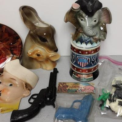 Vintage lot of interesting plastic toys and ceramic pieces