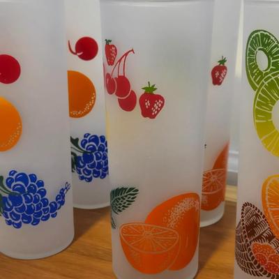 Mid Century Modern Set of 8 Federal Tom CollinsFrosted Glass Fruit Print Glasses