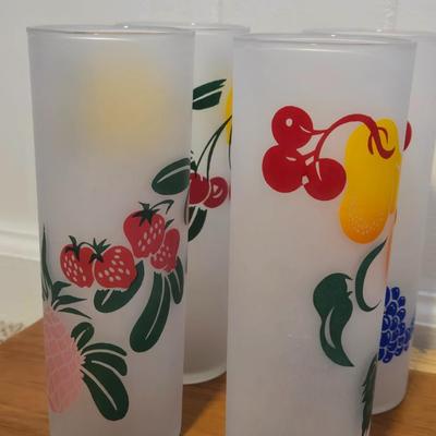 Mid Century Modern Set of 8 Federal Tom CollinsFrosted Glass Fruit Print Glasses