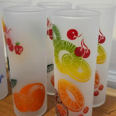 Mid Century Modern Set of 8 Federal Tom CollinsFrosted Glass Fruit Print Glasses