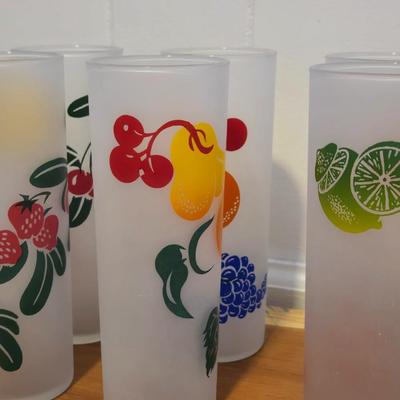 Mid Century Modern Set of 8 Federal Tom CollinsFrosted Glass Fruit Print Glasses