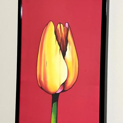 HENK MAK ~ Framed Vibrant Original Painted Tulip Silk Scarf Behind Acrylic