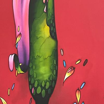 HENK MAK ~ Framed Vibrant Original Painted Tulip Silk Scarf Behind Acrylic