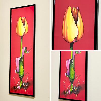 HENK MAK ~ Framed Vibrant Original Painted Tulip Silk Scarf Behind Acrylic
