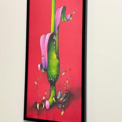 HENK MAK ~ Framed Vibrant Original Painted Tulip Silk Scarf Behind Acrylic