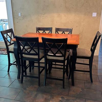 High Top Distressed Style Wood Table & Six (6) Chairs Dining Set ~ *Read Details