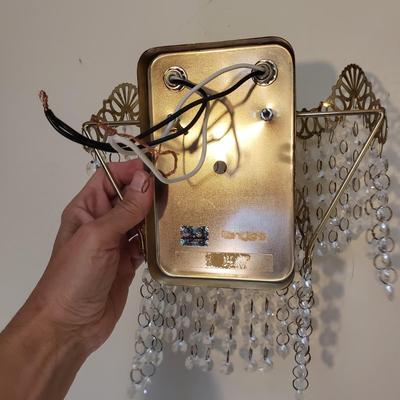 Pair of Hollywood Regency Style Brass and Cut Glass Sconces (B1-KD)