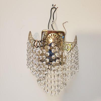 Pair of Hollywood Regency Style Brass and Cut Glass Sconces (B1-KD)