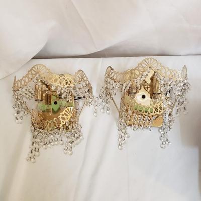 Pair of Hollywood Regency Style Brass and Cut Glass Sconces (B1-KD)