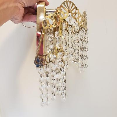 Pair of Hollywood Regency Style Brass and Cut Glass Sconces (B1-KD)