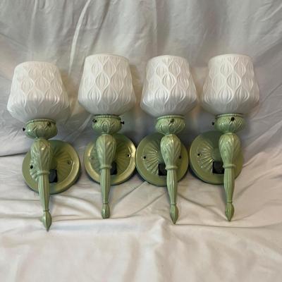 Four Green Metal Sconces with Frosted Glass Shades (B1-MK)