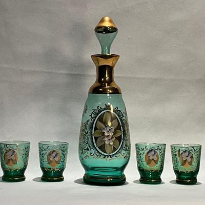 Vintage Czech Bohemian Green Art Glass Decanter set, hand painted