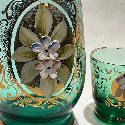 Vintage Czech Bohemian Green Art Glass Decanter set, hand painted