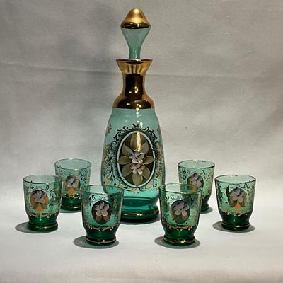 Vintage Czech Bohemian Green Art Glass Decanter set, hand painted