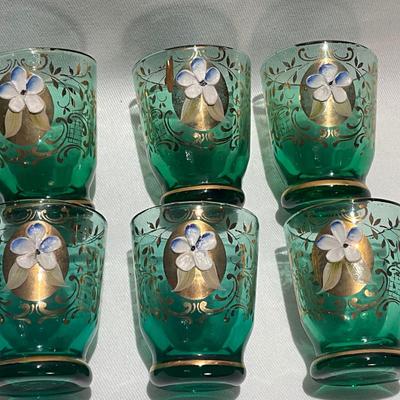 Vintage Czech Bohemian Green Art Glass Decanter set, hand painted