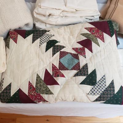 Two Sets of Twin Size Red and Green Quilts, Sheets, Blankets and Bedskirts (B1-KD)