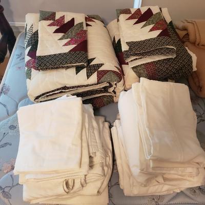 Two Sets of Twin Size Red and Green Quilts, Sheets, Blankets and Bedskirts (B1-KD)