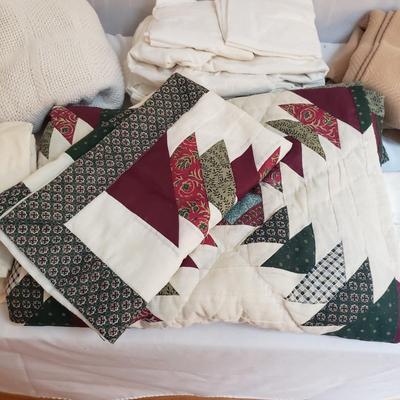 Two Sets of Twin Size Red and Green Quilts, Sheets, Blankets and Bedskirts (B1-KD)