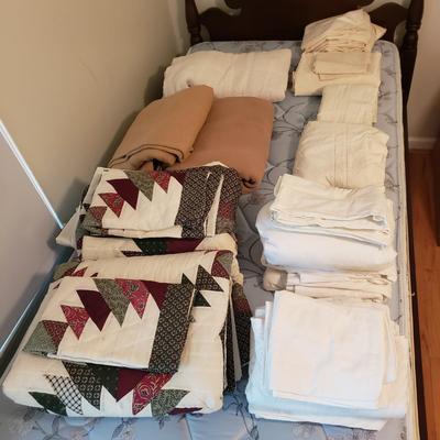 Two Sets of Twin Size Red and Green Quilts, Sheets, Blankets and Bedskirts (B1-KD)