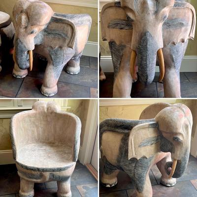 Solid Wood Carved Elephants ~ Three (3) Piece Chair & Table Set ~ *Read Details