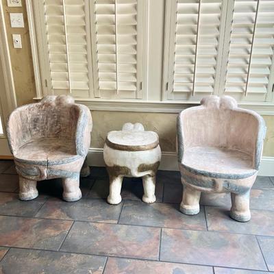 Solid Wood Carved Elephants ~ Three (3) Piece Chair & Table Set ~ *Read Details