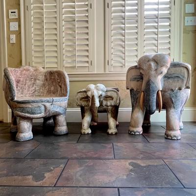 Solid Wood Carved Elephants ~ Three (3) Piece Chair & Table Set ~ *Read Details