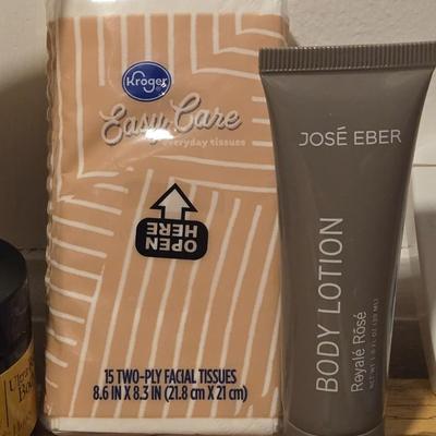 Lotions, Kleenex, Toothbrush, Tweezers, Face Planers, and Face Cream