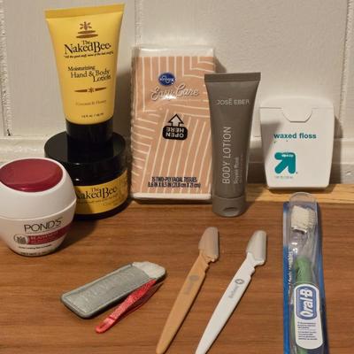 Lotions, Kleenex, Toothbrush, Tweezers, Face Planers, and Face Cream