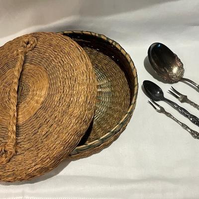 Hand woven vintage basket & serving pieces