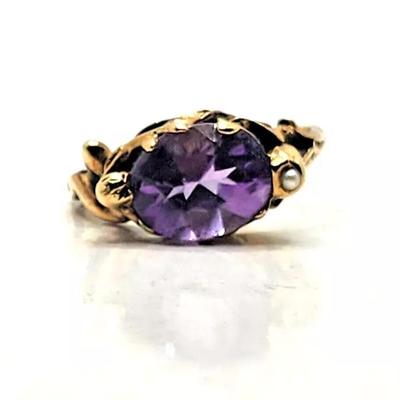 Art Nouveau Amethyst & Seed Pearl 14k Yellow Gold Ring
