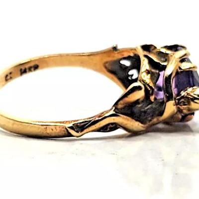 Art Nouveau Amethyst & Seed Pearl 14k Yellow Gold Ring