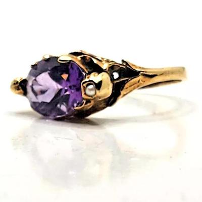 Art Nouveau Amethyst & Seed Pearl 14k Yellow Gold Ring