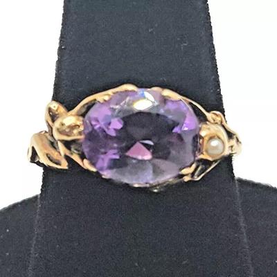 Art Nouveau Amethyst & Seed Pearl 14k Yellow Gold Ring