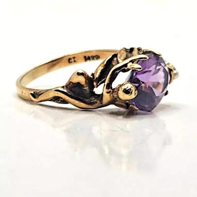 Art Nouveau Amethyst & Seed Pearl 14k Yellow Gold Ring