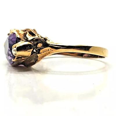 Art Nouveau Amethyst & Seed Pearl 14k Yellow Gold Ring