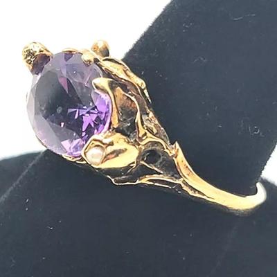 Art Nouveau Amethyst & Seed Pearl 14k Yellow Gold Ring