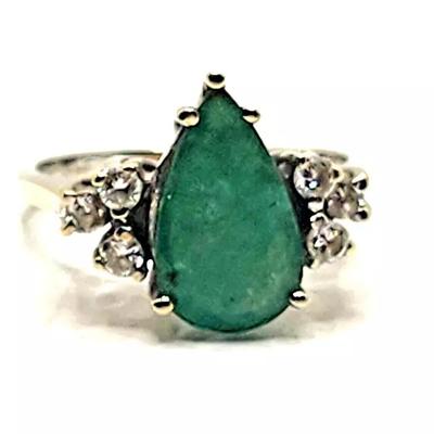 Large Pear Shaped Emerald & Diamond 18k White Gold Ring