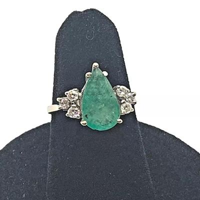 Large Pear Shaped Emerald & Diamond 18k White Gold Ring