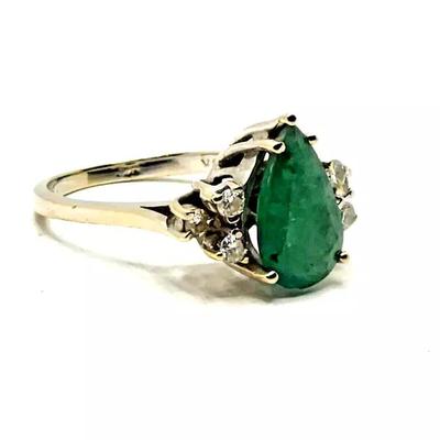 Large Pear Shaped Emerald & Diamond 18k White Gold Ring